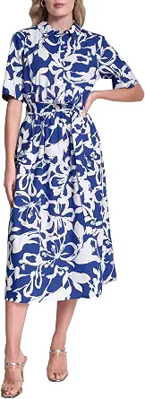 DKNY Women's Short Sleeve Cotton Poplin Collared Midi Shirtdress
