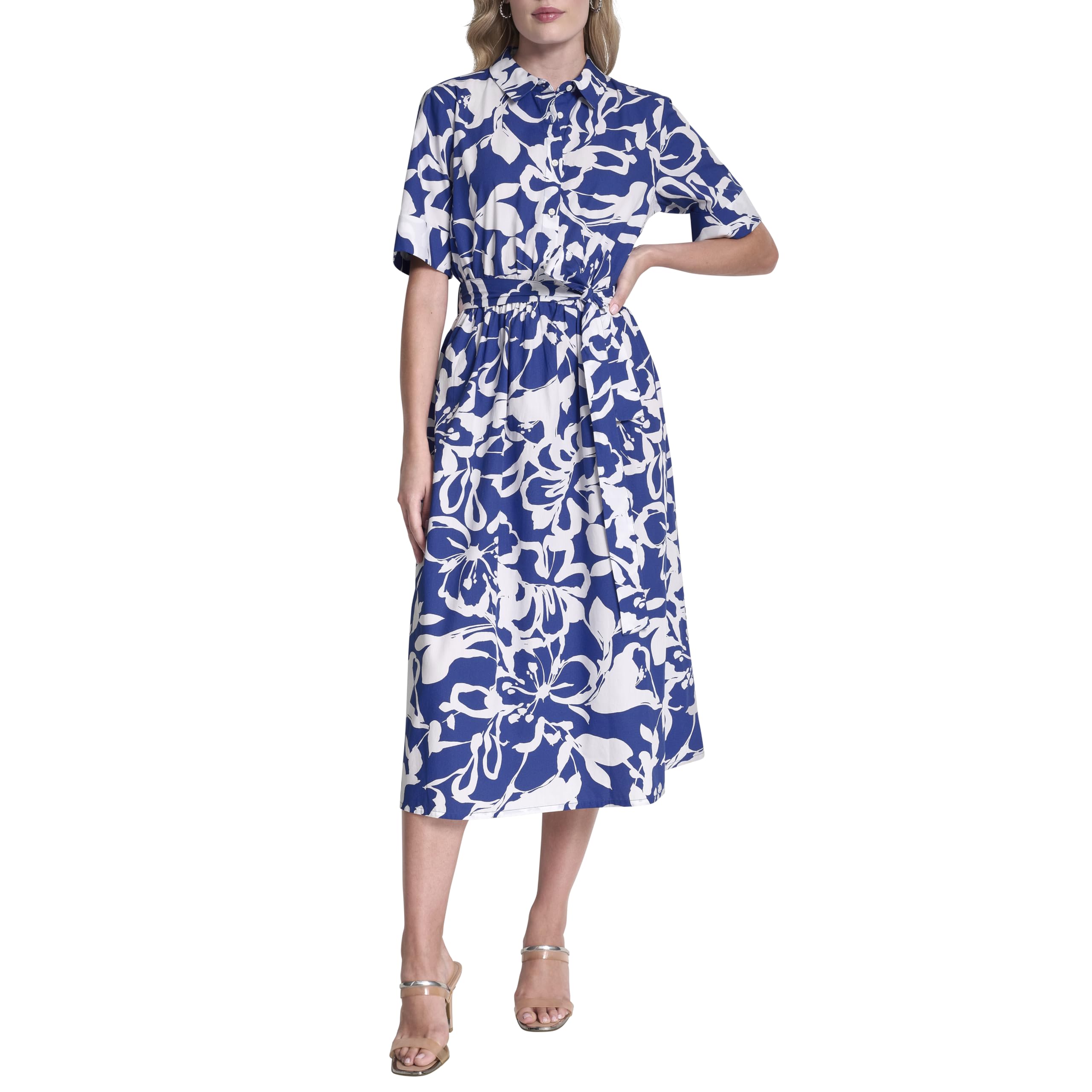 DKNY Women's Short Sleeve Cotton Poplin Collared Midi Shirtdress