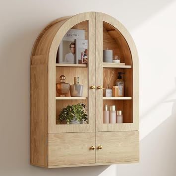 EAG Arched Wall Cabinet, Bathroom Medicine Cabinet with Glass Doors & Adjustable Shelves, Floating Storage Cabinet for Wall Over The Toilet Storage Cabinet Space Saver, Natural