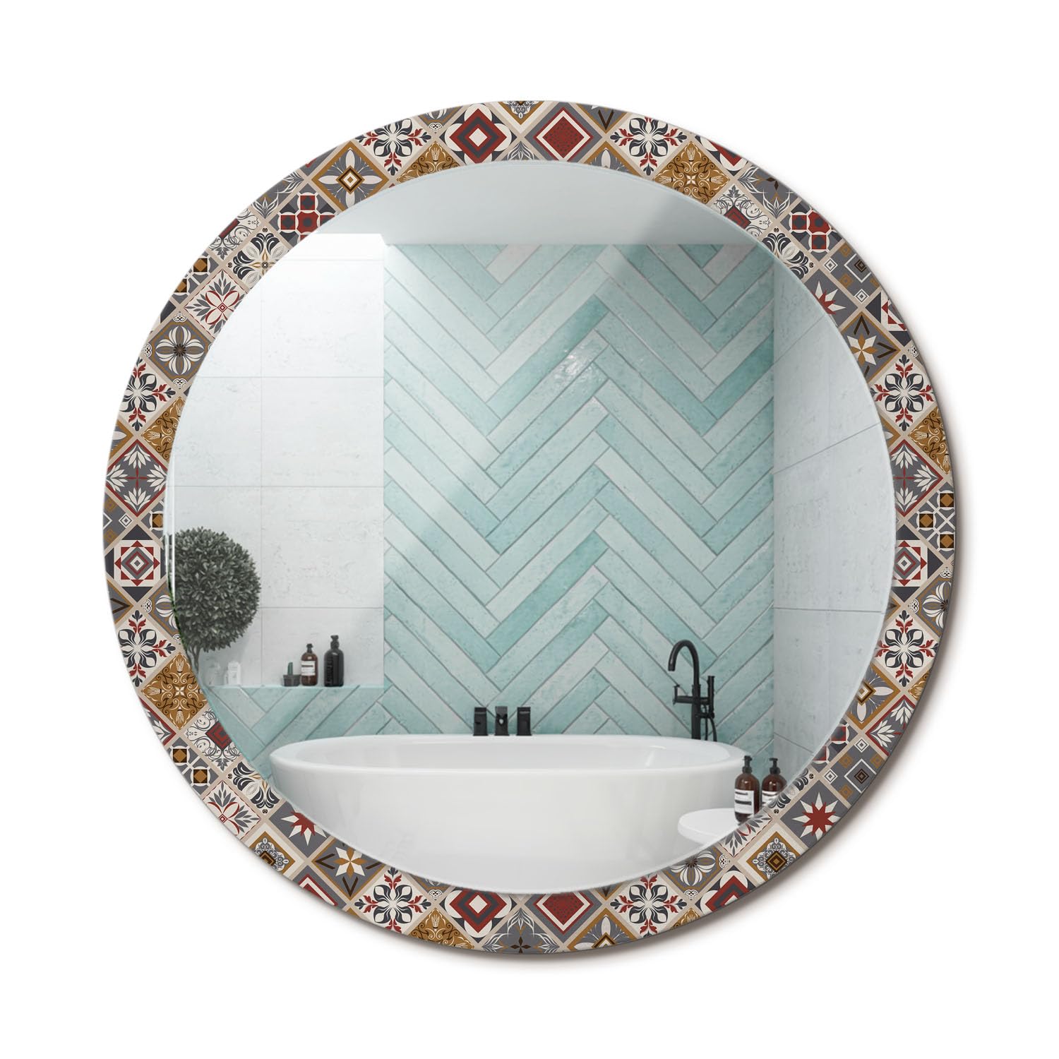 Miroir Rond élégant fi100 avec motif turc imprimé sur verre moderne