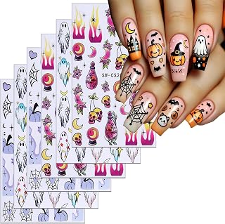 6 Sheets Halloween Nail Art Stickers 3D Self -Adhesive Cute Ghost Pumpkin Nail Decals Holographic Heart Spider Web Skeleton Flame Nail Stickers Halloween Nail Decoration for Women Manicure Supplies