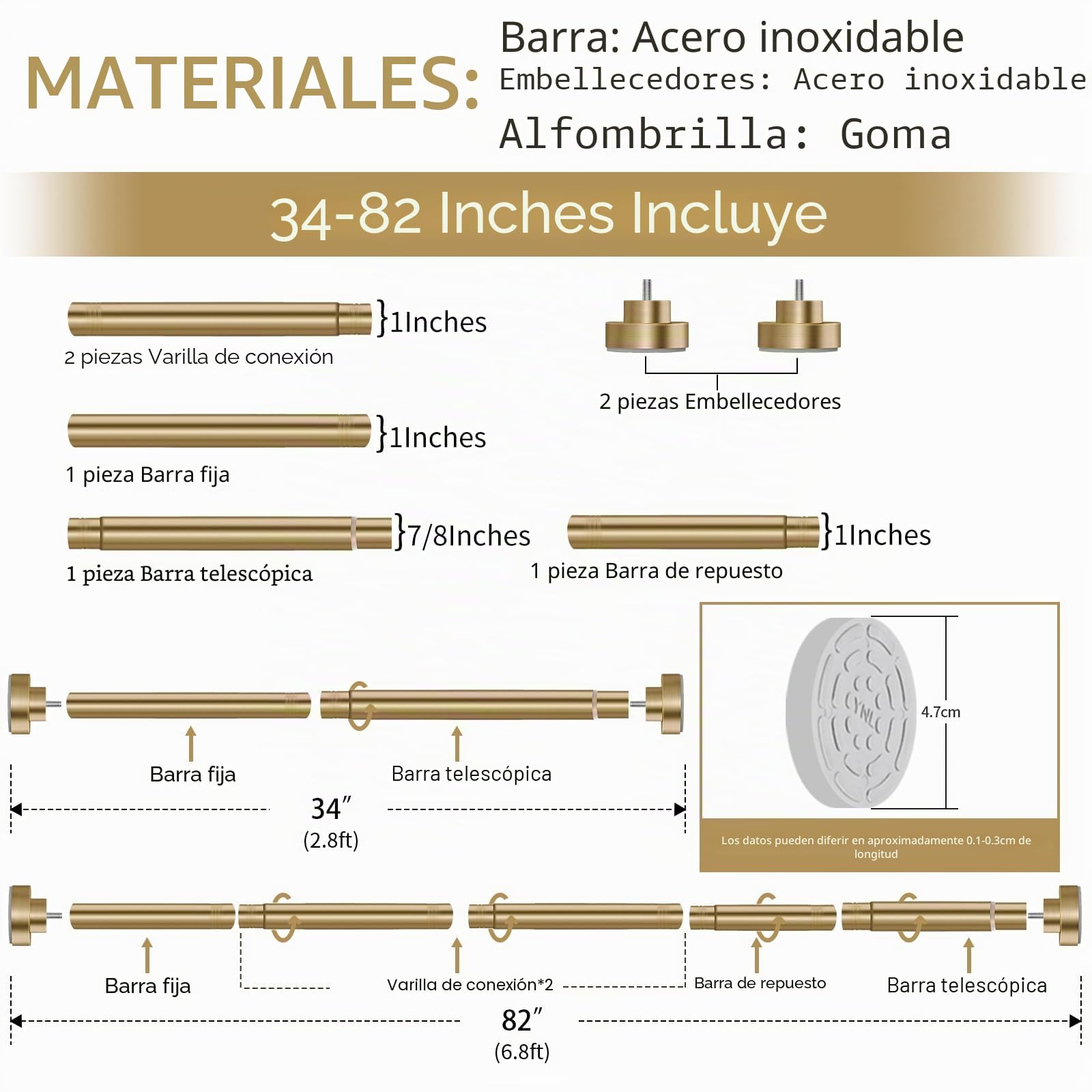 YNL Barra de cortina de ducha de 34 a 82 pulgadas con 12 anillos de cortina de ducha, barra de ducha dorada ajustable sin taladrar, antideslizante, nunca se oxida, acero inoxidable, adecuada para