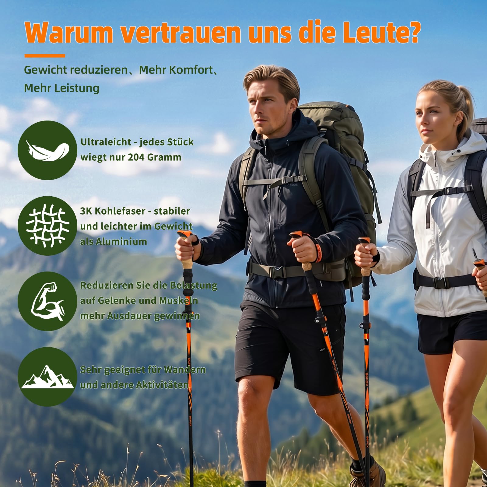 3K Carbon Trekkingstöcke Faltbar, Ultraleicht, 3-Fach Klappbar, Höhenverstellbar mit Korkgriff und Schnellverschluss, Wanderstöcke für Damen und Herren, Orange