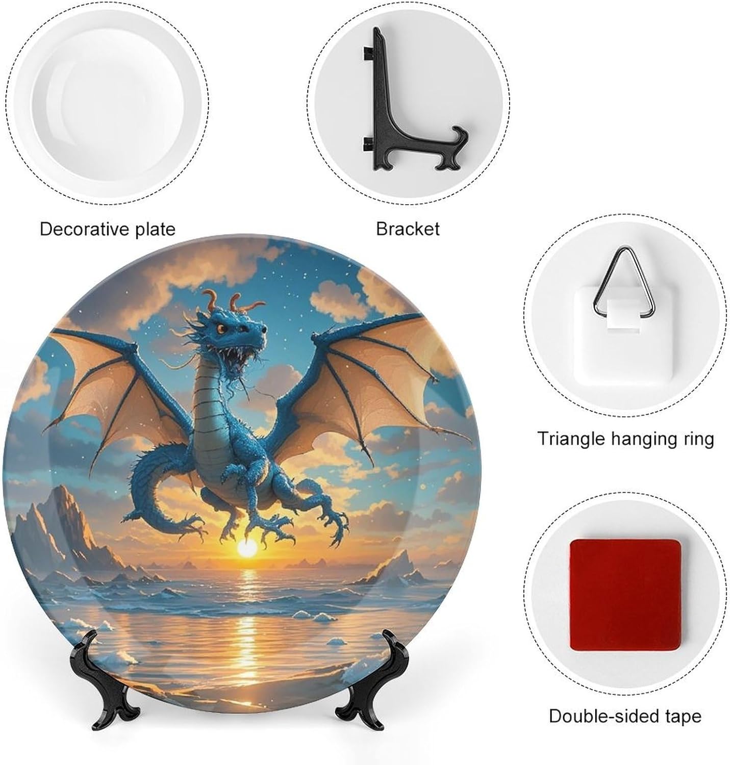 Sea Sunset Flying Dragon Decorative Ceramic Plate Round Porcelain Plate Decor Personalized Bone China Decorative Plates Ceramic Ornaments Dessert Plates with Display Stand 10inch