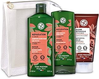 Yves Rocher Repair & Restoring Hair Care Gift Set for Dry & Damaged Hair with Organic Jojoba Oil. 4-piece Routine Set including Restoring Shampoo 300ml, Restoring Conditioner 200ml, Botanical Balm Leave-in Repair Care 150ml & Free Pouch.Silicon Free, Repairs and Protects from breakage (Repair Hair Care Routine)