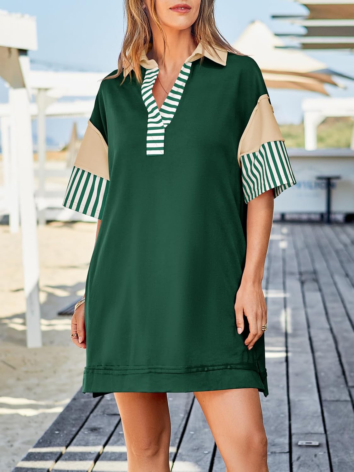 Wenrine Women's Polo V Neck T Shirt Dress Casual Summer Oversized Color Block Short Sleeve Sweatshirt Mini Dresses - Image 2
