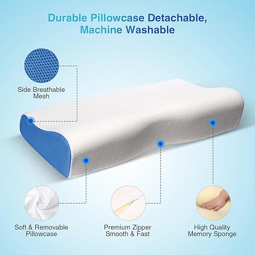 Miniatura 4 de Almohada cervical de espuma viscoelástica con funda extraíble lavable (azul-estándar), almohada para dormir de lado y espalda, almohada para aliviar