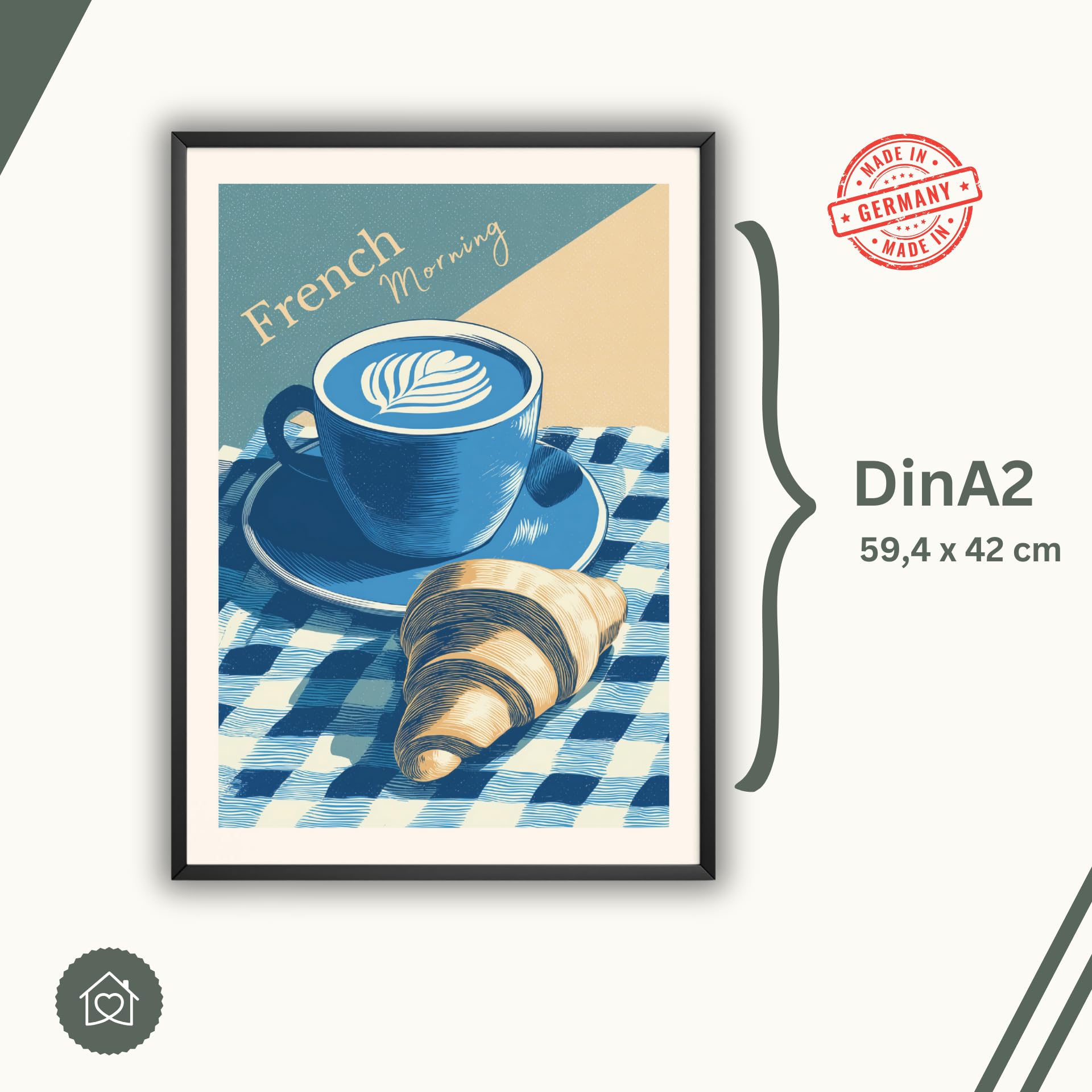 MJ-GRAPHICS® Kaffee Poster French Morning Küche Wandbild Retro Deko mit Croissant – Französisches Frühstücksposter für Frühstücksecke oder Esszimmer – A2 Poster mit Rahmen Holz Braun