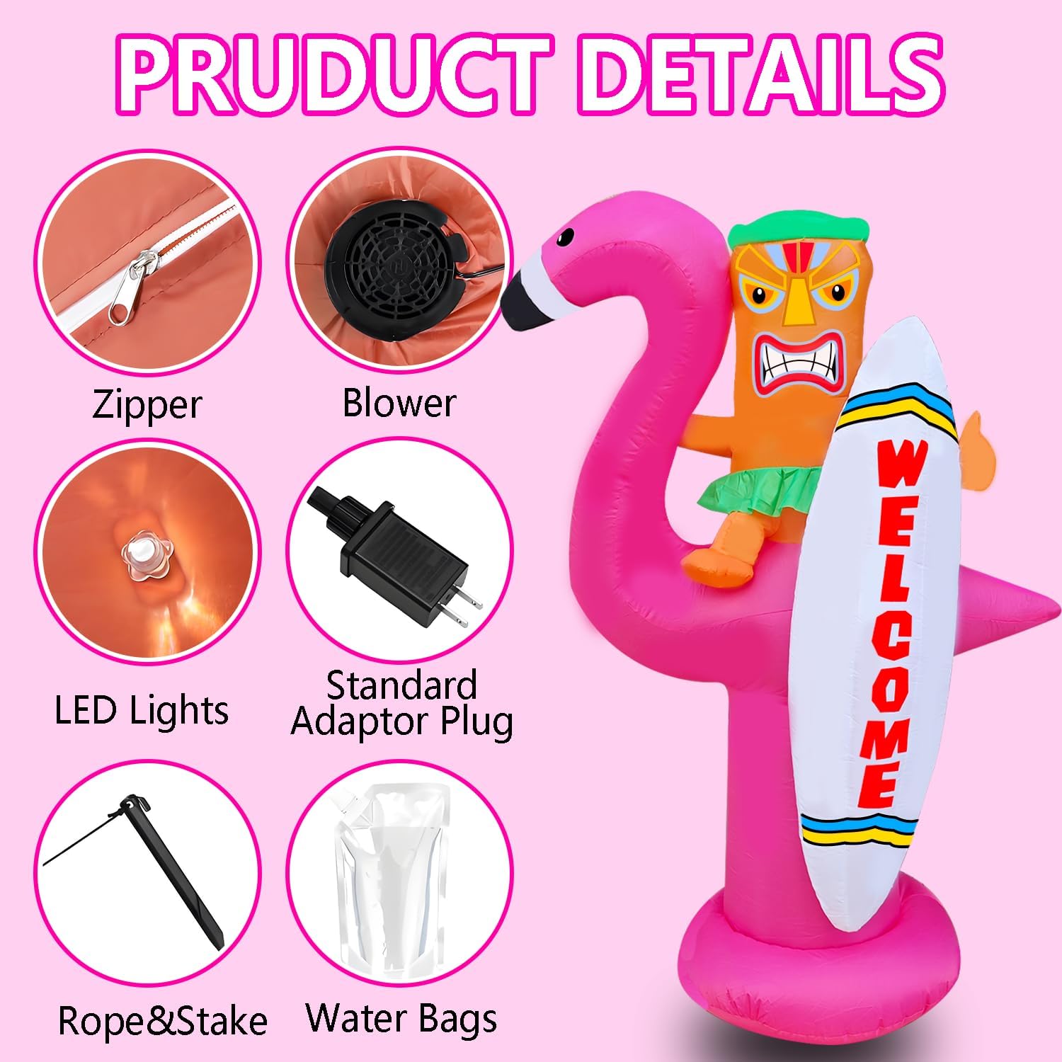 6ft Inflatable Flamingo Outdoor Decoration Inflatable Tiki Flamingo Surfboard Hawaiian Party Decoration Summer Outdoor Interior LED Lights for Summer Beach Party Tropical Pool Yard