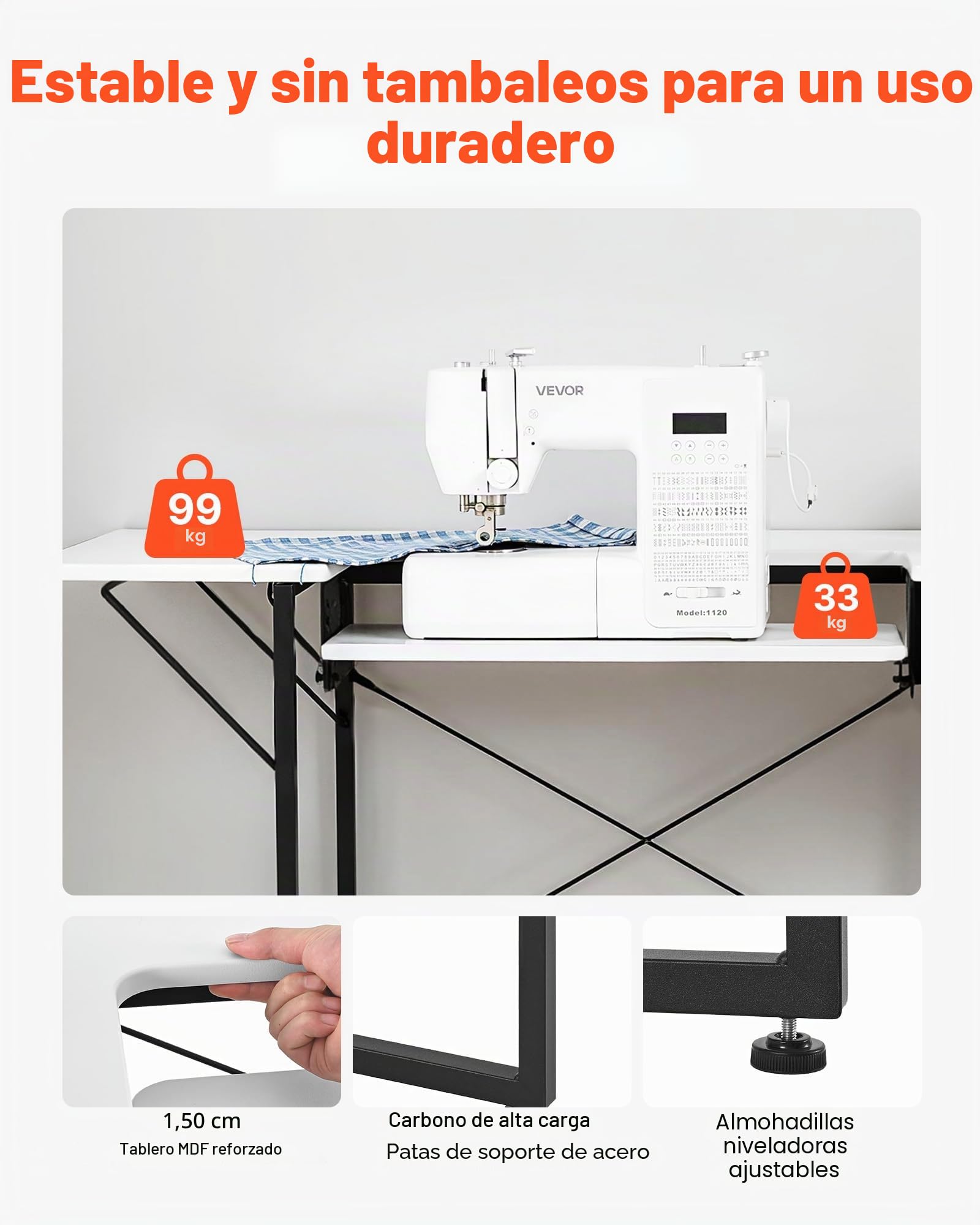 VEVOR Mesa de Costura con Tablero Plegable, Estante Ajustable y Patas de Acero, Multiusos, para Estudio de Moda en Casa, Estudio de Arte, Institución Educativa, Color Blanco, 1045 x 600 x 760 mm