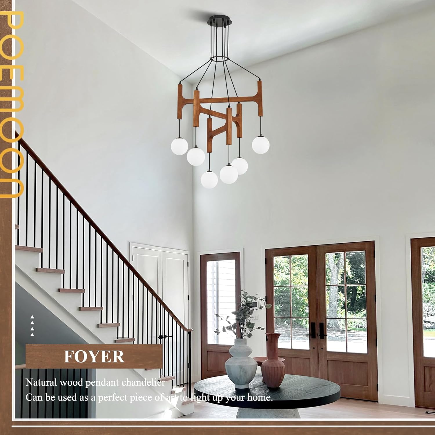 Farmhouse L28 '' Wooden Chandeliers with Milk Glass Globes Lampshades, Rustic Unique Mid Century Long 6-Light Pendant Chandelier for Living Dining Room Entryway Bedroom Kitchen,G9,Wood Stained Walnut