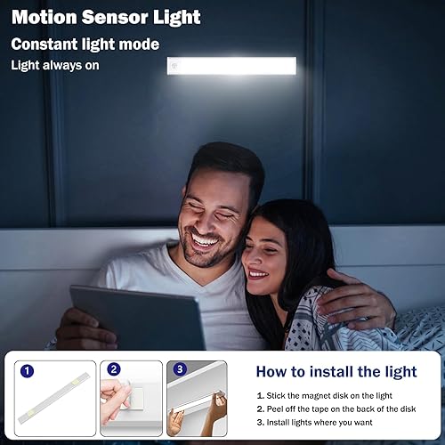 Miniatura 4 de HengBo - Luz con sensor de movimiento, 54 LED recargable por USB, luz debajo del gabinete, 3 temperaturas de color, luz de armario regulable,