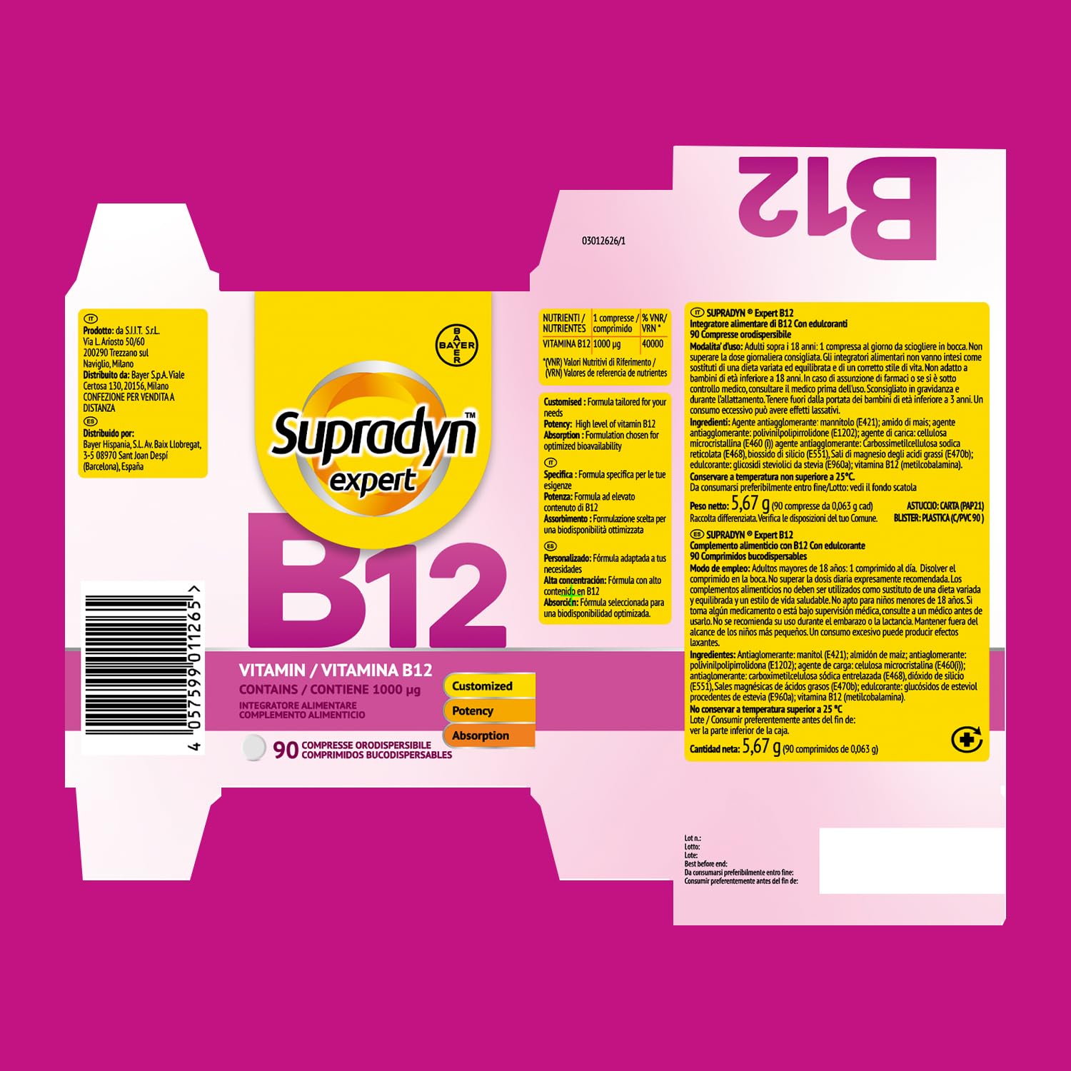 Supradyn Expert Vitamina B12 1000 µg Metilcobalamina Pura 90 Comprimidos Bucodispersable Suplemento Energía Memoria Sistema Nervioso Vegano Sin Gluten