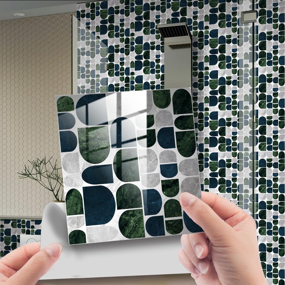 LMYSXAOZ 20 PCS Tile Stickers Stick on Tiles, Self Adhesive Wall Tiles for Kitchen Bathroom, Oil Proof Peel and DIY Floor Semicircle Geometry (Dark Green,30x30cm)