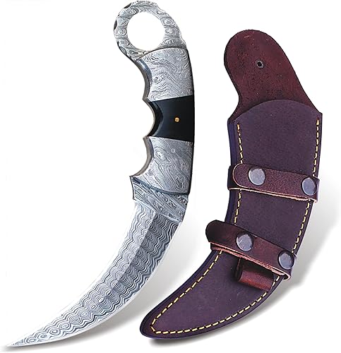 Cuchillo de caza de acero de Damasco con funda, hecho a mano, 9 pulgadas, cuchillo de hoja fija EDC para hombres y mujeres, cuchillo de