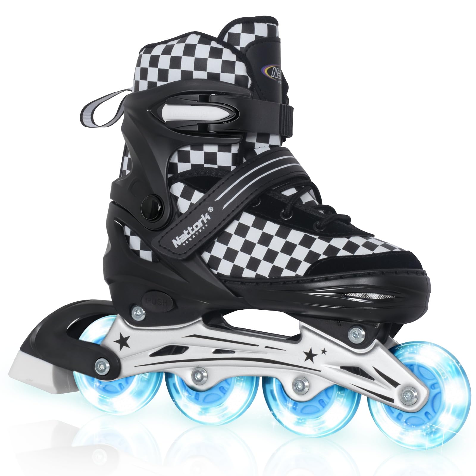Nattork Adjustable Inline Skates for Kids Teens, Illuminating Wheels Blades Roller Skates with Checkerboard Design for Boys Girls Black Size 5 6 7 8