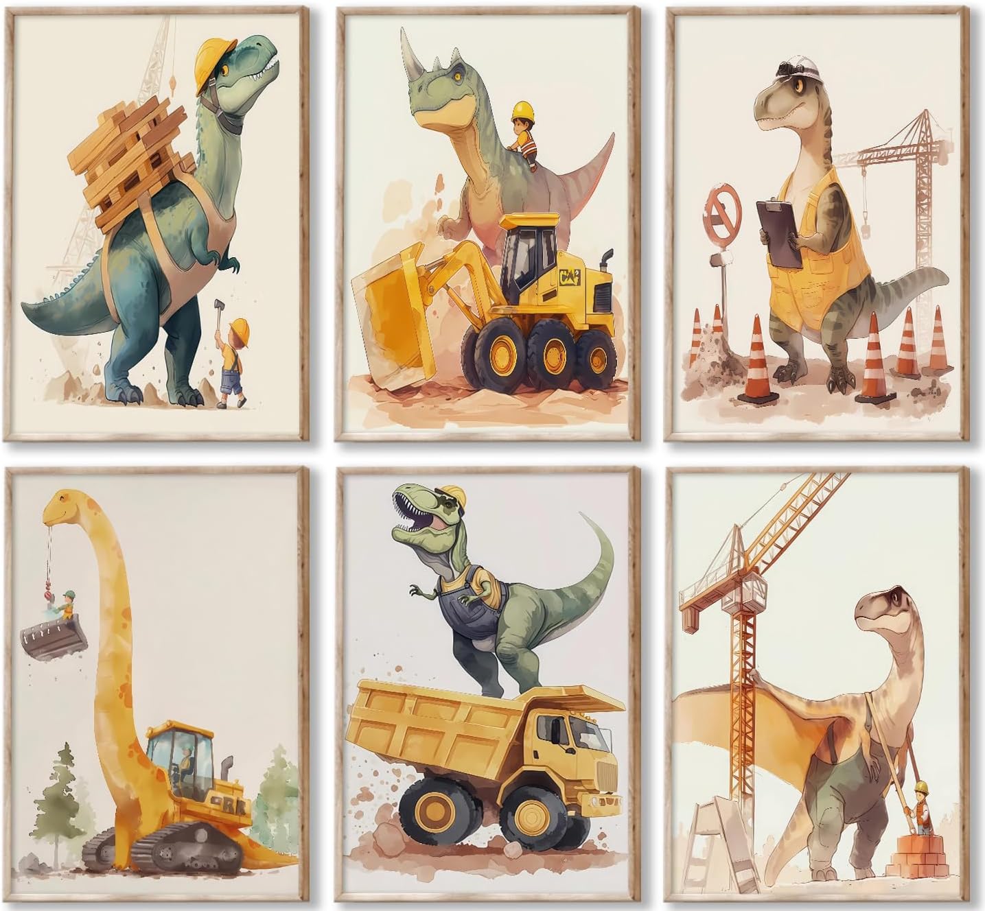Cute Dinosaur Nursery Canvas Wall Art Construction Trucks and T-Rex Painting Picture Kids Boys Room Wall Decor Funny Dino Vehicles Poster Prints Artwork for Playroom Toddler Room Bedroom, Unframed