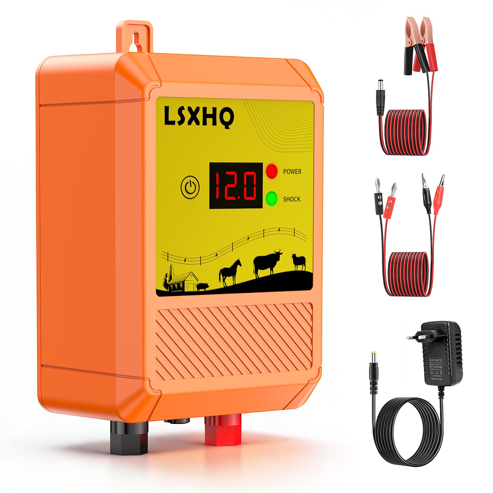 10 km Cerca Eléctrica para Ganado y Animales, Energizador de Cerca Eléctrica de Corriente de Salida 12 kV 2,0 J con Pantalla LED, Protección para Caballos, Ovejas, Jardín, Pastos y Granja (Naranja)