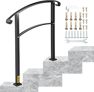 Happybuy 3-Step Transitional Handrail Fits 1 or 3 Steps Matte Black Stair Rail Wrought Iron Handrail with Installation Kit Hand Rails for Outdoor Steps (Unadjustable)