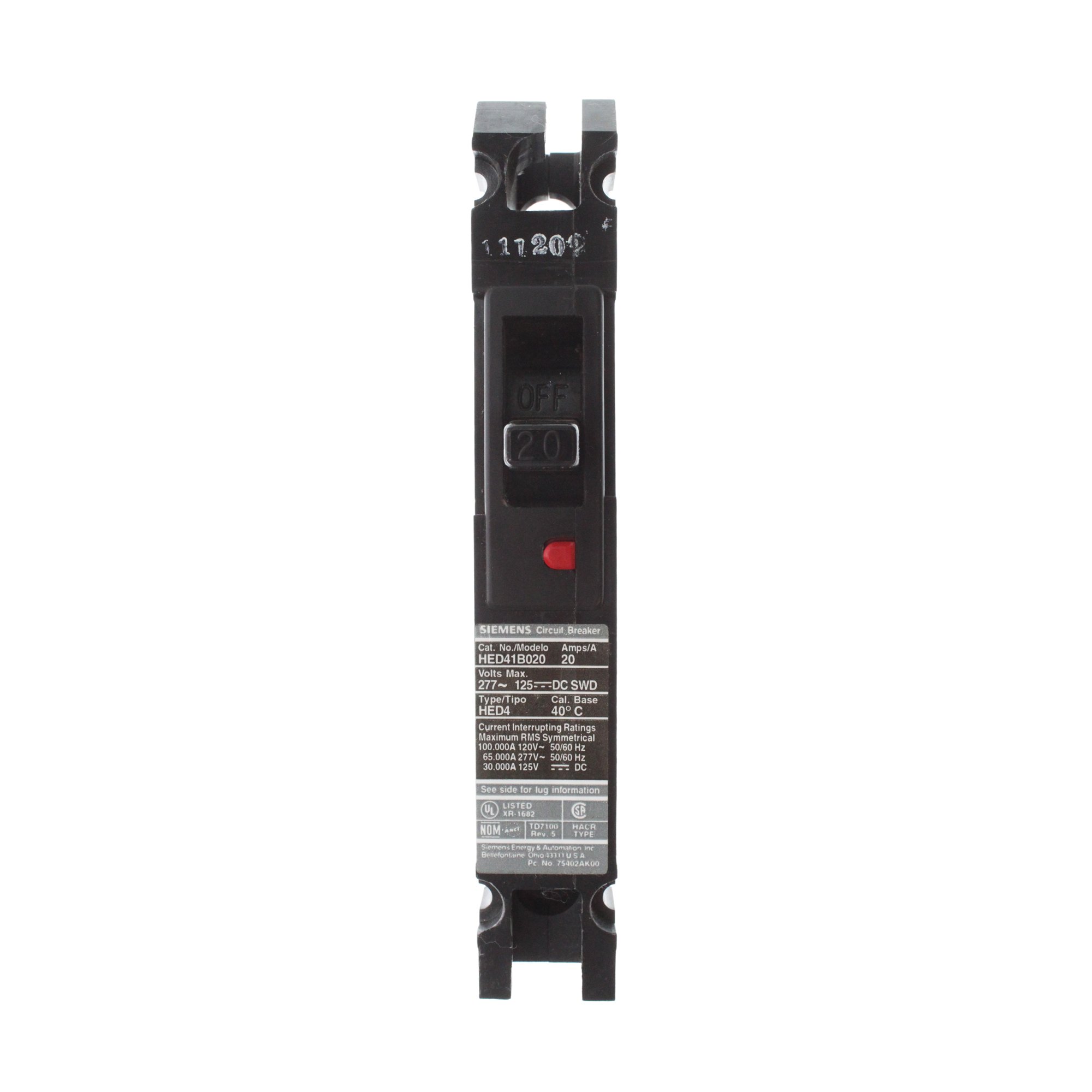 Siemens HED41B020 Circuit Breaker, HED, 1-Pole, 20-Amp, 277-Volt