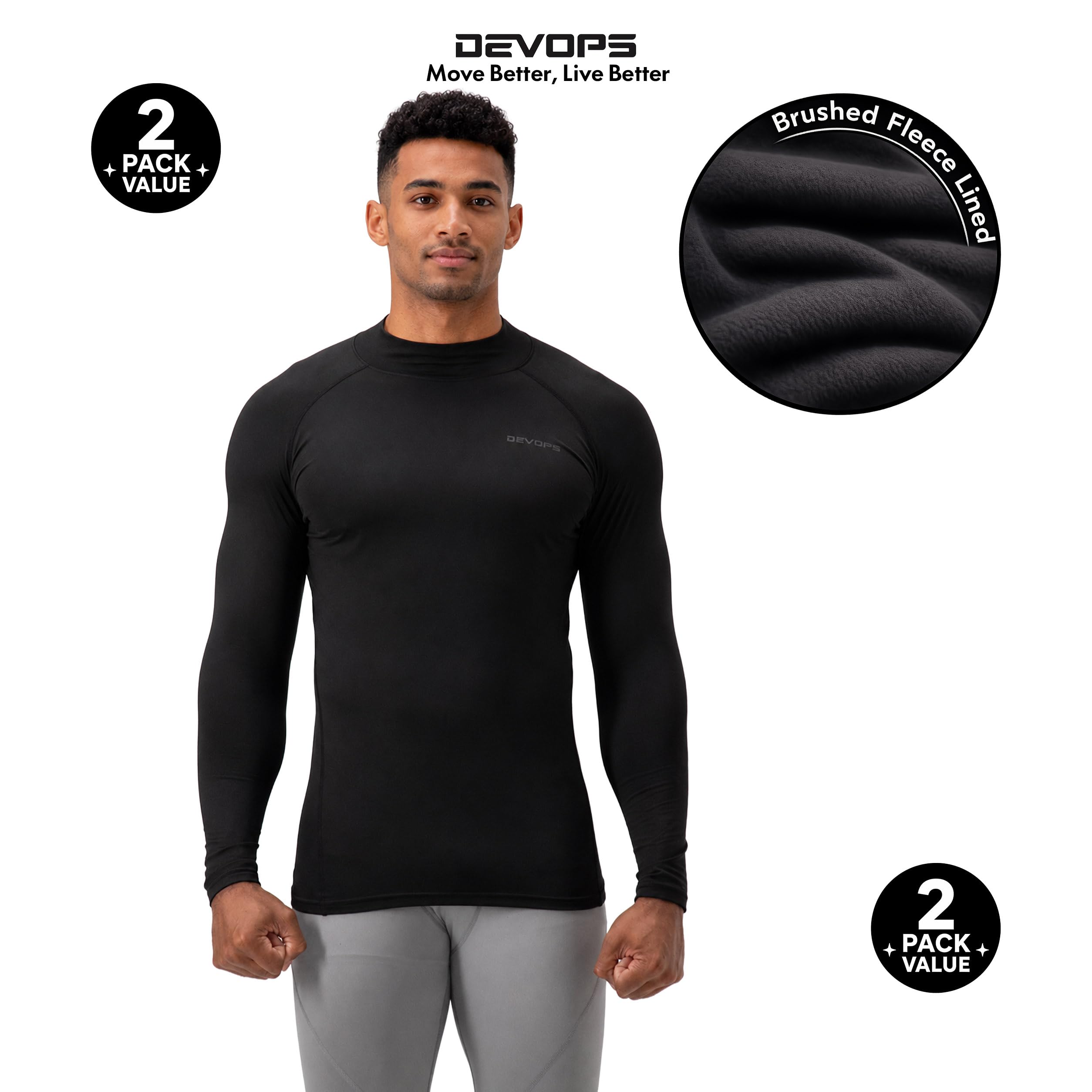 Devops Herren Devops 2 Pack Men's Thermal Mock Neck Long Sleeve Compression Shirts Fleece Lined Base Layer Tops Eng anliegend (2er Pack)