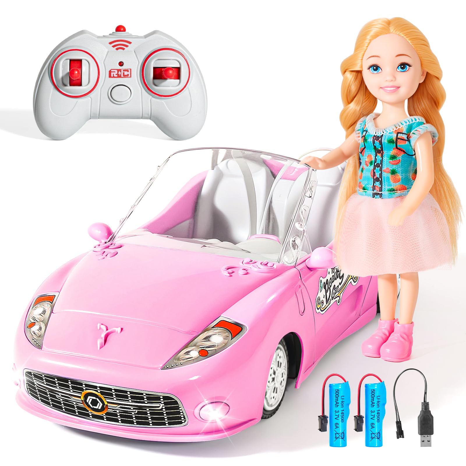Pink Remote Control Car for Girls, 2.4Ghz Racing for Toddler, 1:18 RC Toys for Kids with Doll, 100 mins with Rechargeable Battery, Birthday for Grils