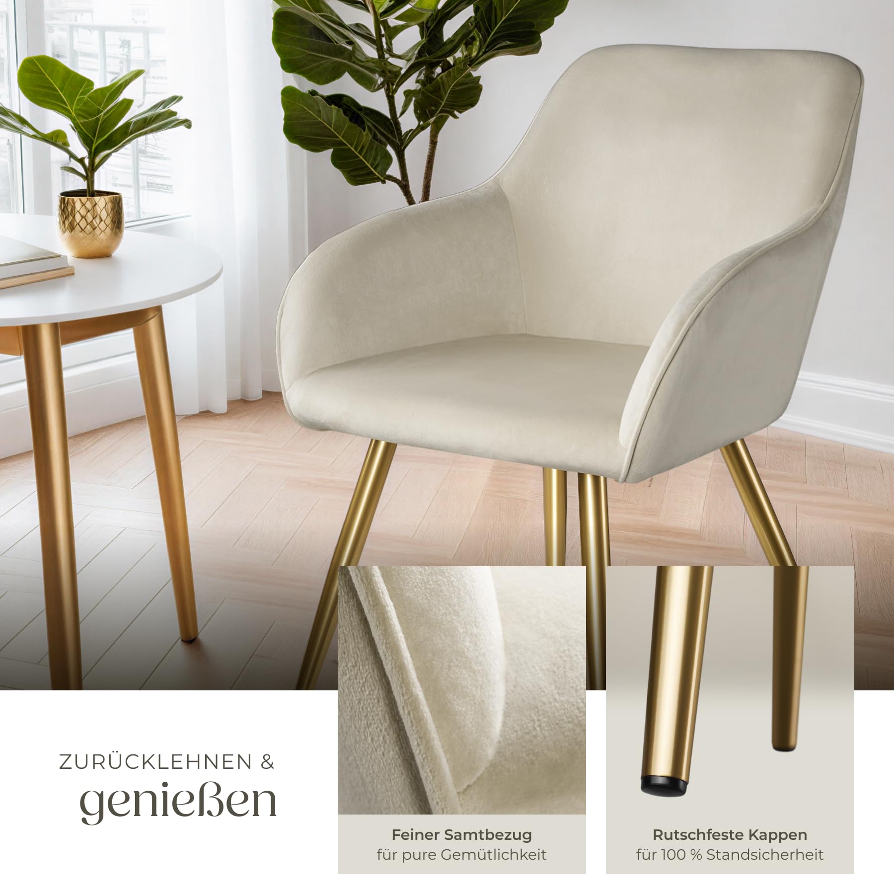 tectake® Esszimmerstuhl, Sessel bequem mit Armlehne, Polsterstuhl, Samtstoff Cocktailsessel, Loungesessel für Wohnzimmer, Esszimmer, Moderne Küchenstühle, Bürostuhl créme/Gold