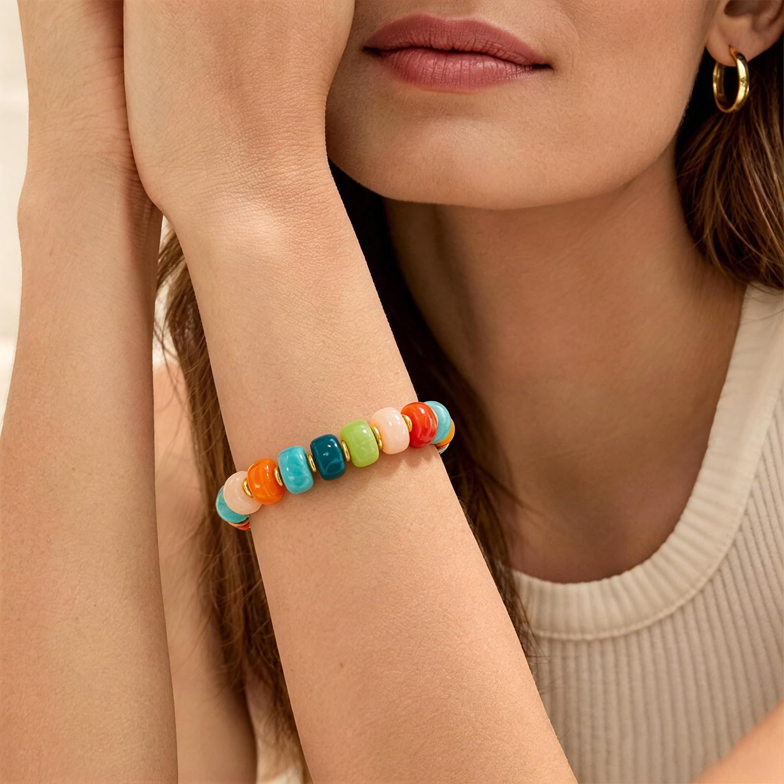 Braccialetto con perline grosse da donna, multicolore, con grandi perline in resina acrilica, elastico e allungabile, braccialetti alla moda e di tendenza, gioielli boho per vacanze estive al mare.