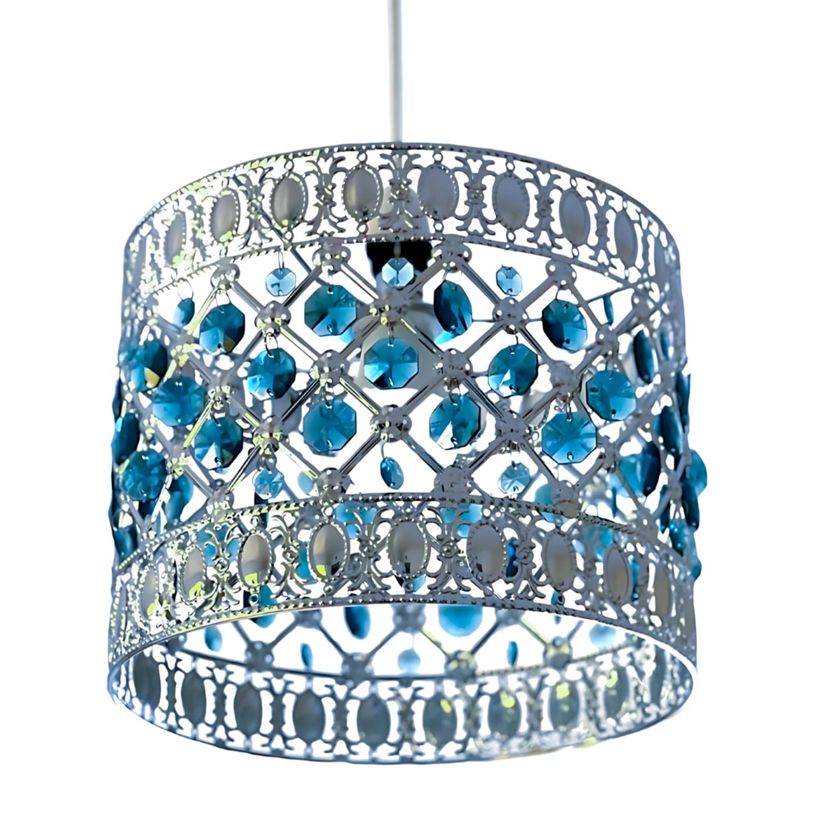 Homion Blue Moroccan Style Light Shade Acrylic Easy Fit Chandelier Shade | Ceiling Light Shade | Lamp Shade | Sicily Pendant Crystal Gems | Moda Lights For Living Room | Bedroom | Kitchen | Caravan | Camp (Blue)