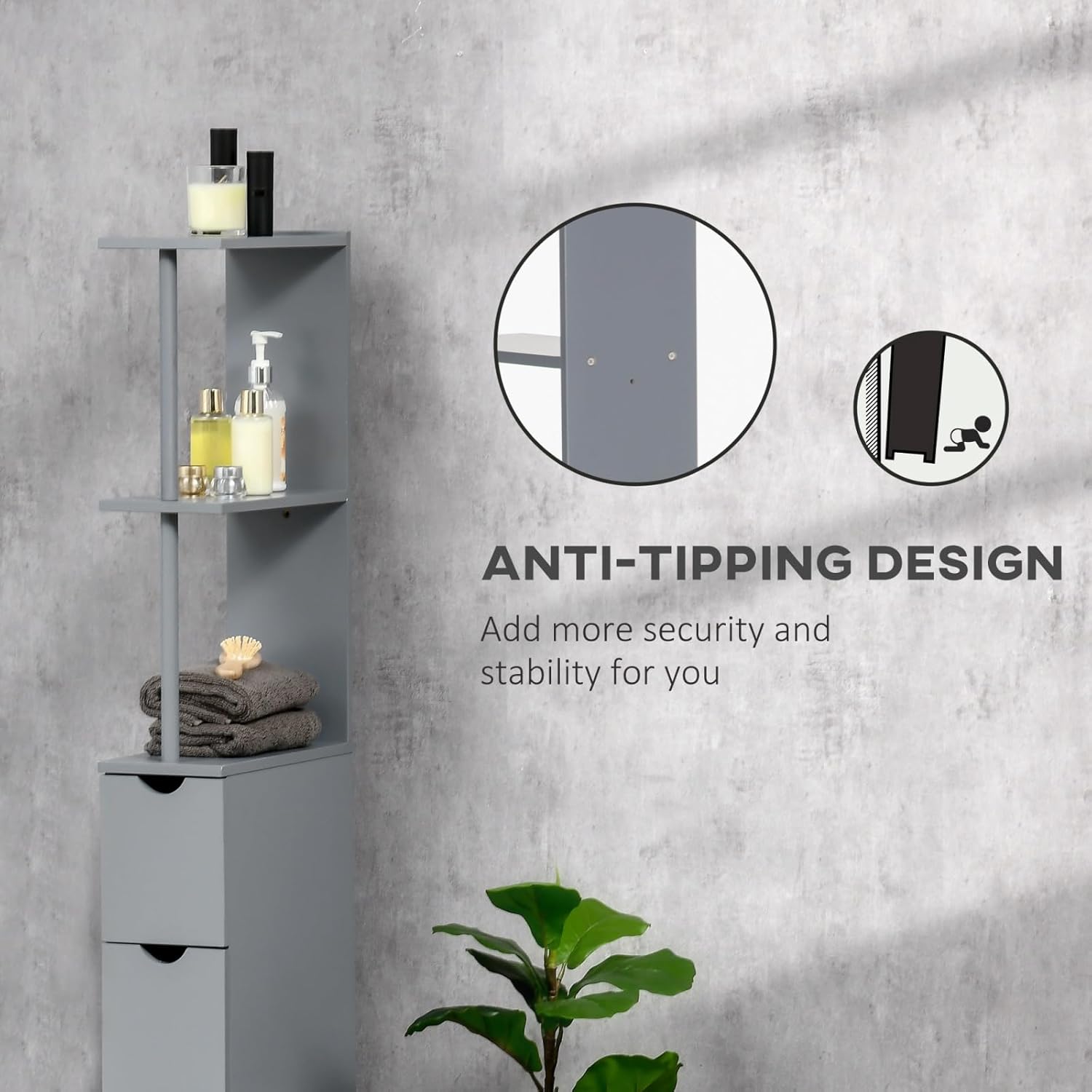 54" Tall Bathroom Storage Cabinet, Freestanding Linen Tower with 2-Tier Shelf and Drawers, Narrow Side Floor Organizer, Grey
