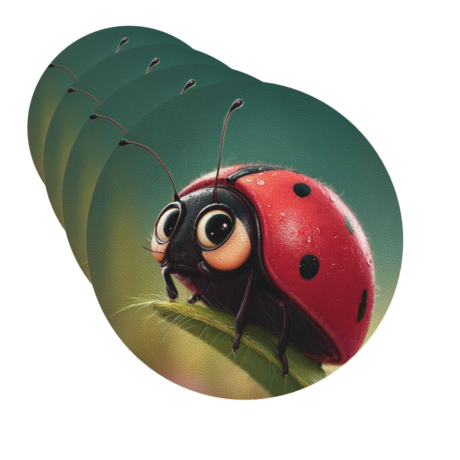 Drink Coasters Set of 4 Quick-Dry Leather Coaster Cartoon ladybug Coasters for Drinks Coffee Cup Mat Tabletop Protection Heat Resistant Coaster for Kitchen Bar Office Home Decor