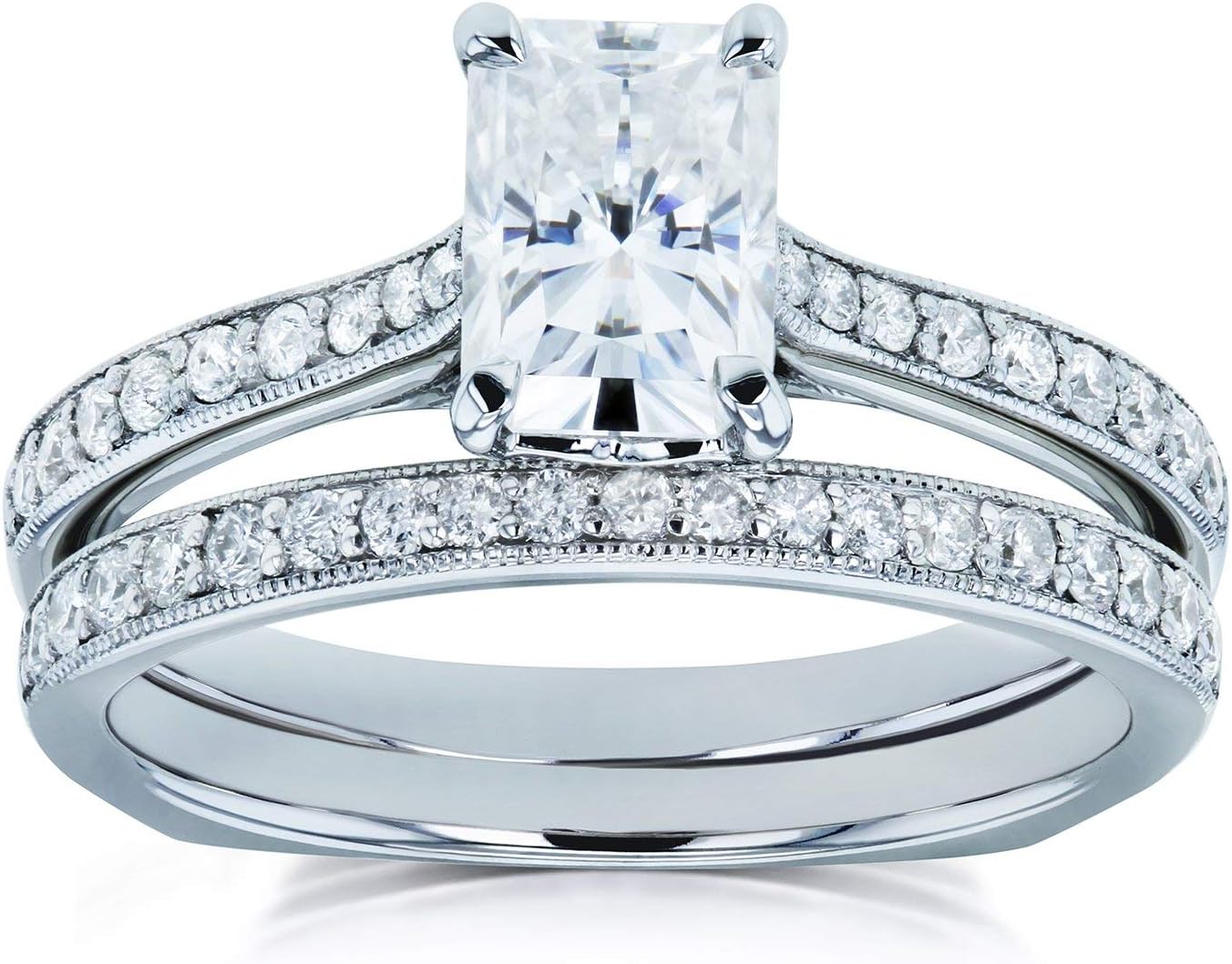Kobelli Radiant Forever One Moissanite Square Shank Trellis 2-Piece Bridal Rings Set 1 3/5 TCW 14k White Gold