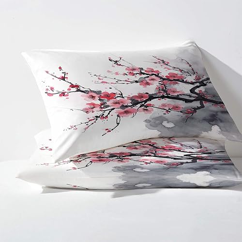 Miniatura 10 de Juego de sábanas de flores de cerezo tamaño Queen, sábanas con estampado floral rosa, sábanas y fundas de almohada de 4 piezas, sábana bajera