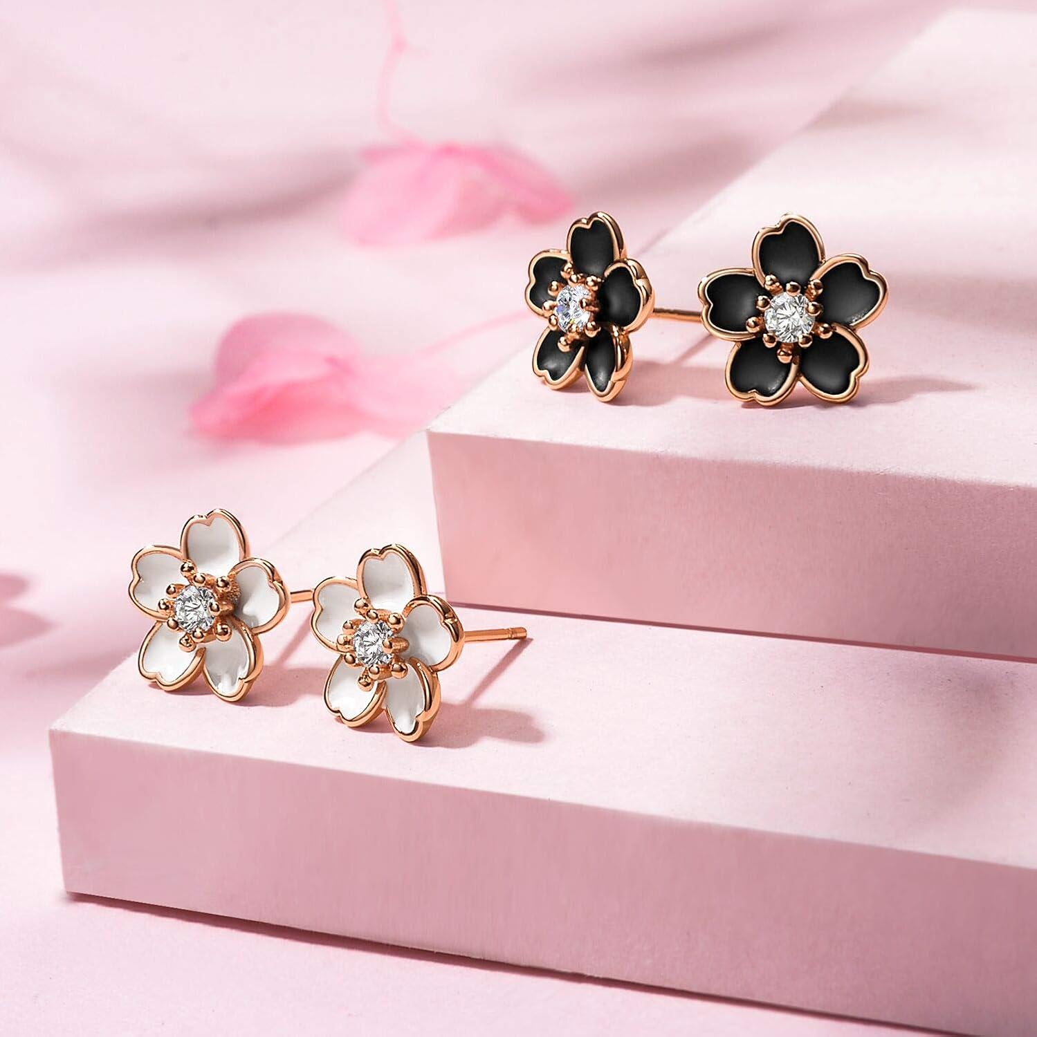 Pink Flower Earrings for Women, 925 Sterling Silver Stud Earrings, Cute Plumeria Earrings For Women, Cherry Blossom Hypoallergenic Stud - Image 3