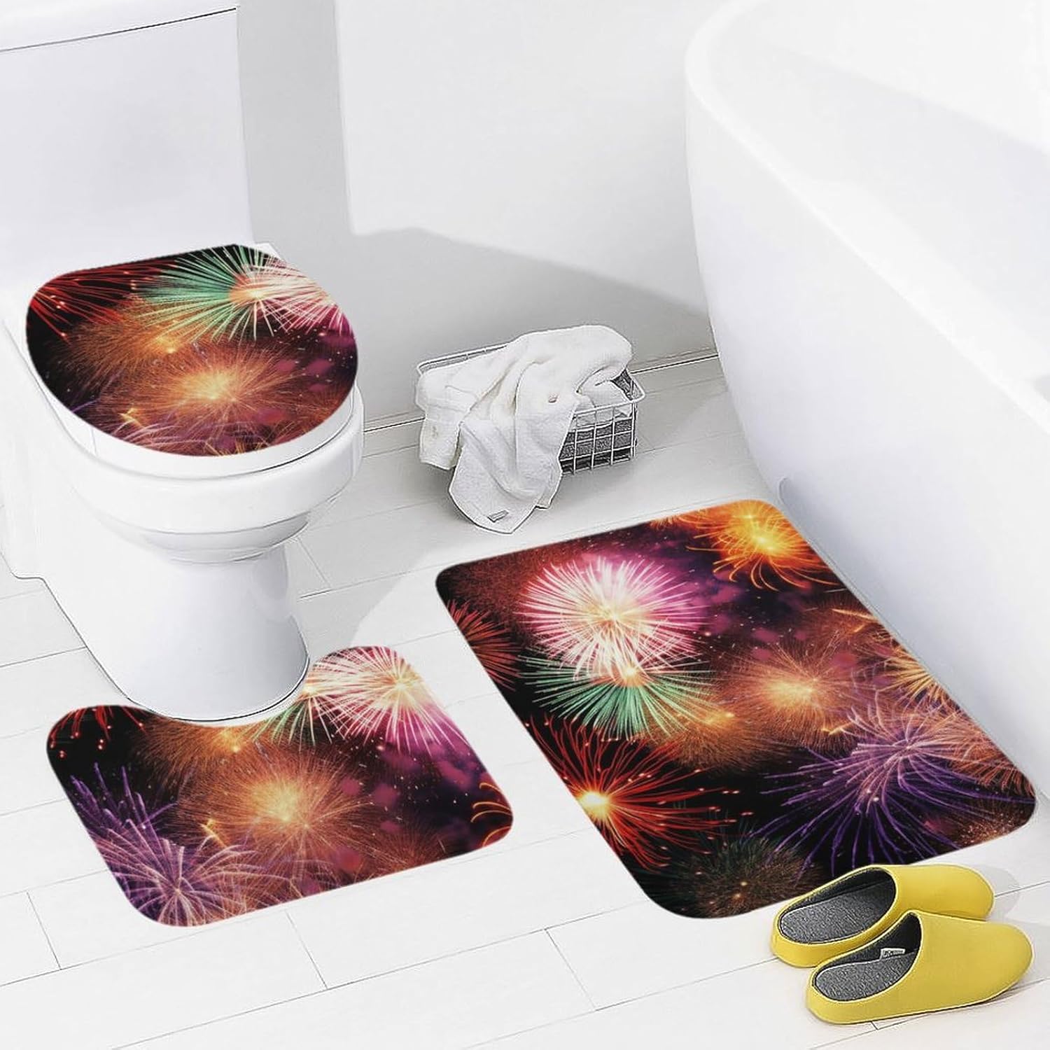 Anti-Skid Floor Mats 3 Piece Set,Beautiful Fireworks Printed Coral Fleece Bathroom Mats U-Shaped Contour Mat Toilet Seat Cover for Bathroom, Tub, Shower, Kitchen 19.7"x31.5"
