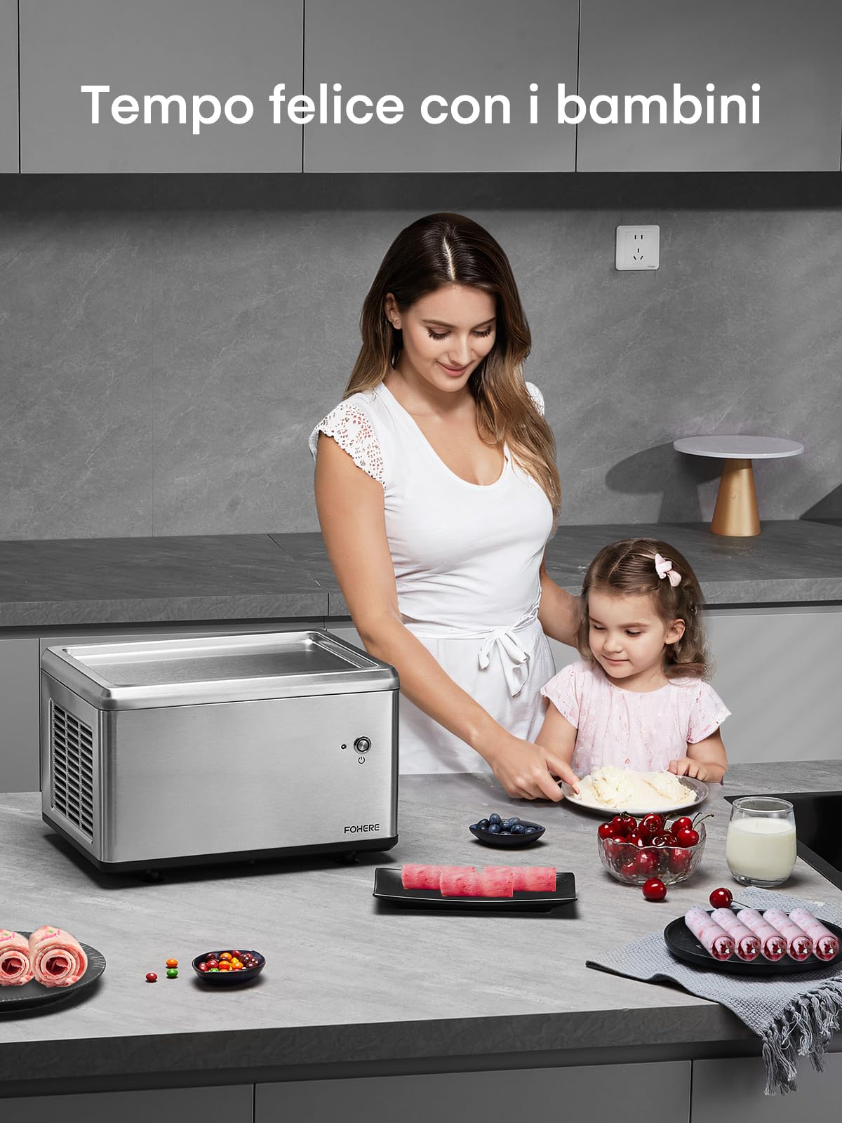 Gelatiera a rullo per la casa con compressore, gelato morbido in soli 3 minuti, funzionamento one-touch, diversi cambiamenti di varietà, sano gelato fatto in casa, ricetta, 2 spatole, Fohere