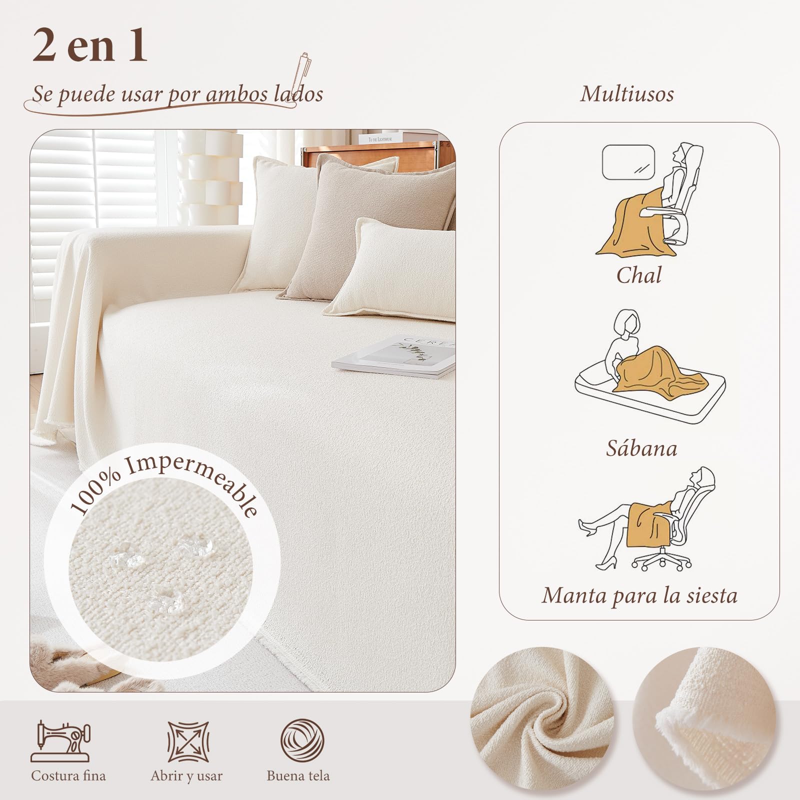 Plaid Cama Impermeable Funda Cubre Sofa Moderno Color Sólido, Protector de Sofa, A Prueba De Arañazos para Proteger El Sofá, Resistente a La Abrasión 180 * 260cm-Beige
