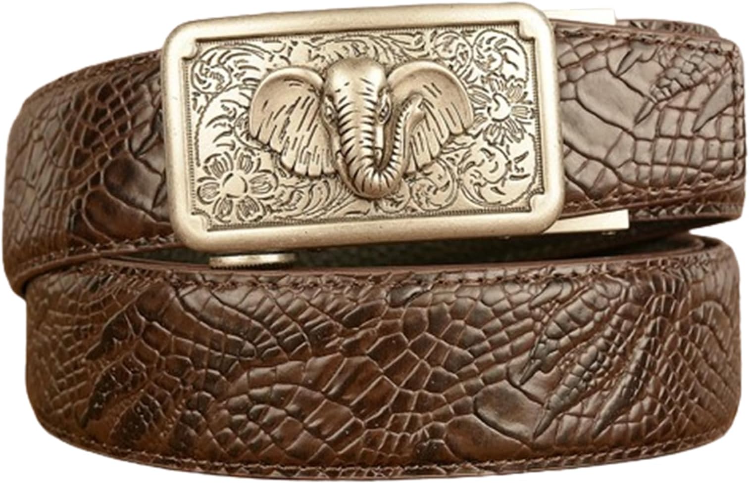 AGUTALITHIC Men Ratchet Belt Embossed Crocodile Claw Pattern Leather Adjustable Belt with Slide Buckle Engraved Elephant Head(110cm/43, Brown)