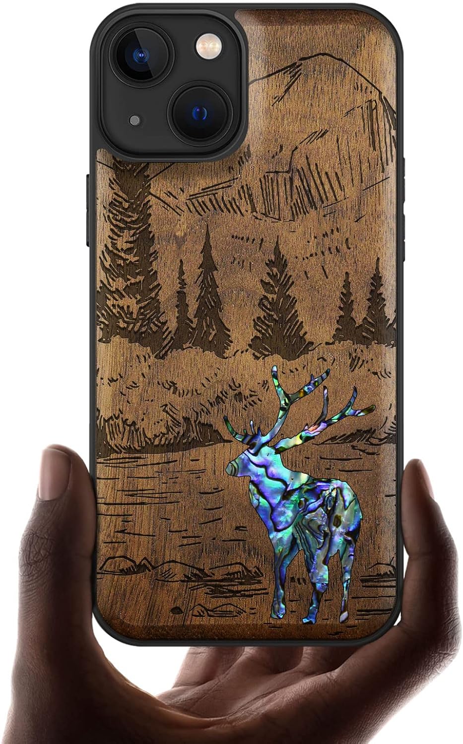 Carveit Designer Wooden Protective Case for iPhone 13 Magnetic Cover [Wood Engraving & Shell Inlay] Compatible with iPhone 13 MagSafe (Forest Deer-Walnut)