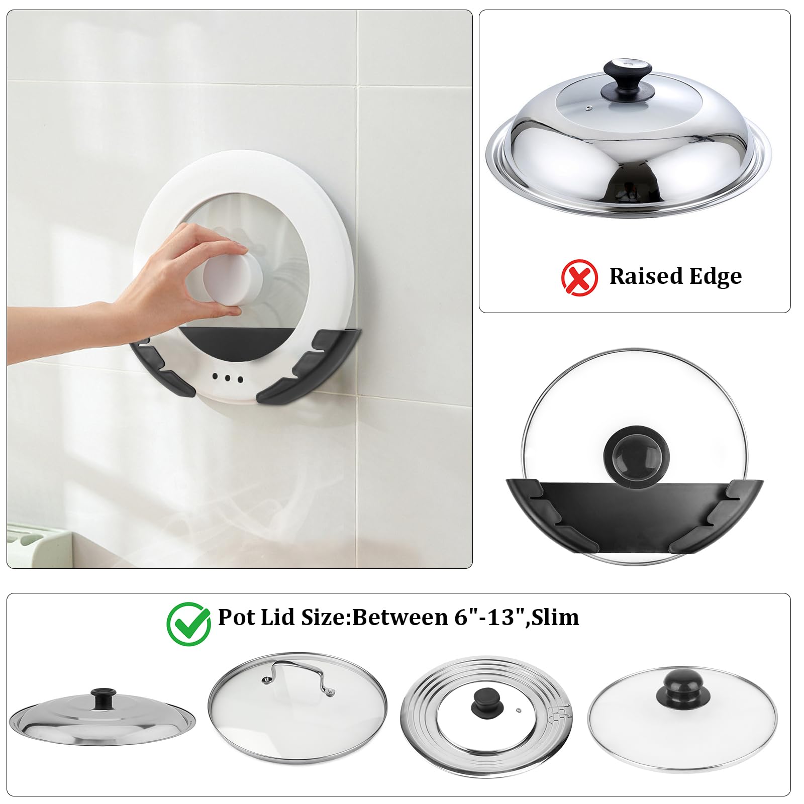 KXVXXV Set di 4 supporti da parete per coperchi grandi da 15 a 32 cm, autoadesivi, per porta dell'armadio, in plastica, per porta e coperchio della cucina