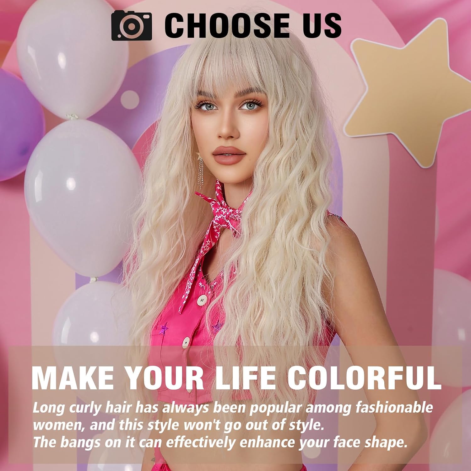 testar Platinum Wigs for Women Long Platinum Blonde Curly Wigs With Bangs Heat Resistant Fiber Synthetic Wavy White Wigs for Girls Party Daily Use 26 IN