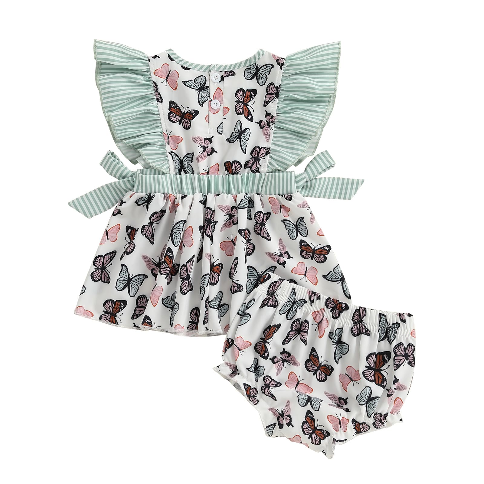 GINEVSAL Toddler Baby Girls Butterfly Outfits Infant Summer Clothes Fly Sleeve Striped T-shirt with Butterfly Shorts Set (White, 6-12 Months)