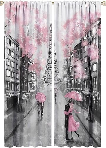 Cortinas opacas de París, estilo vintage de Francia, Torre Eiffel con pareja, árbol rosa, paisaje de ciudad, arte impreso para dormitorio, sala de
