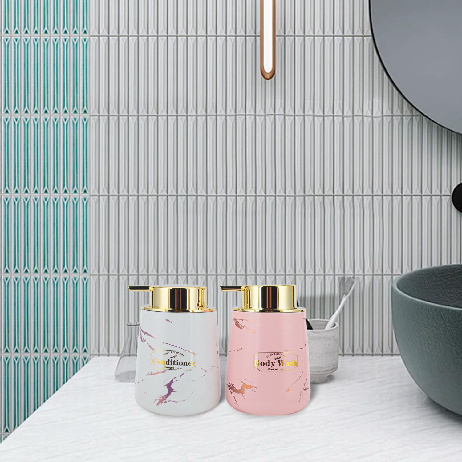 SOOKDEO Set 2 Dispenser Sapone In Ceramica 400ml Con Pompe Dorate E Etichette Impermeabili – Nero Elegante