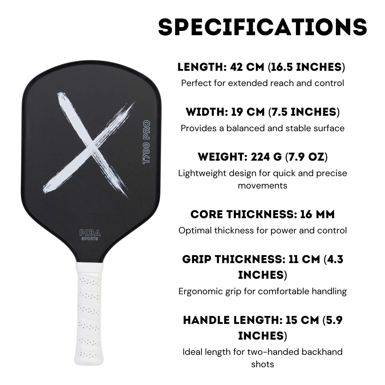 PIBA Sports PRO Pickleball Racket, T700 Carbon, 16 mm Honeycomb, Brushed Surface for Top Spin Extended Handle - Image 4