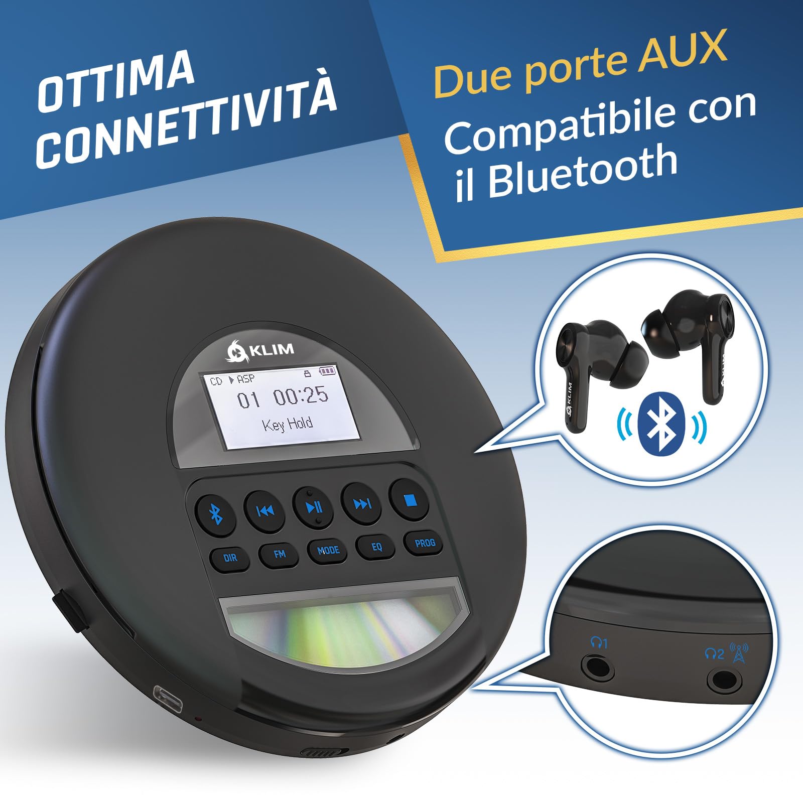 KLIM Nomad - Lettore CD Portatile - Batteria a Lunga Durata - Include Auricolari KLIM Fusion - Compatibile con CD-R, CD-RW, MP3 - Lettore SD, Radio FM, Bluetooth - Ideale per Auto - Hi-Fi - Nero Blu