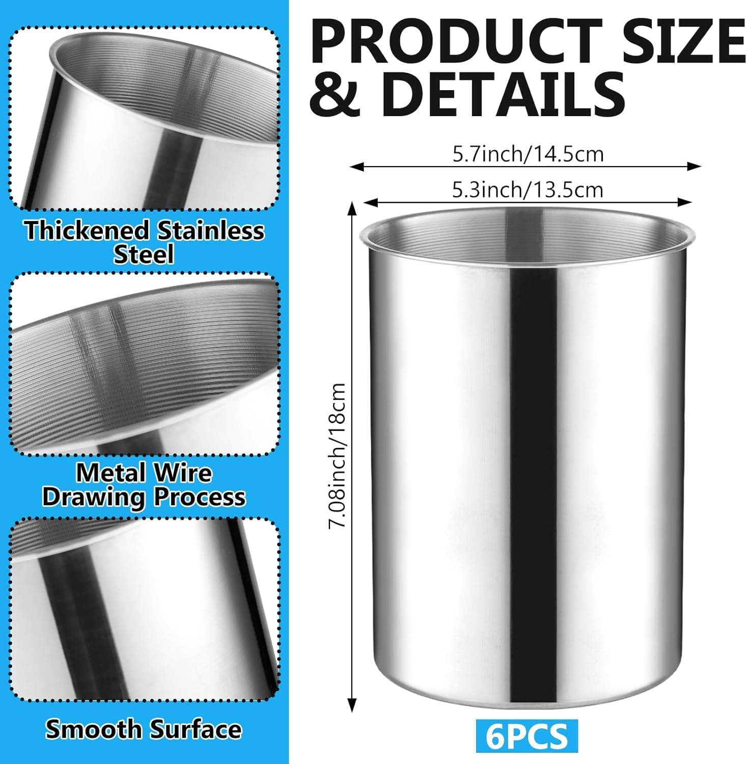 Juego de 6 cubiteras apilables de acero inoxidable grueso de 750 ml para vino, cerveza y champán, cubos de hielo de metal para fiestas, barbacoas y bares (18 cm de alto x 14,5 cm de ancho)