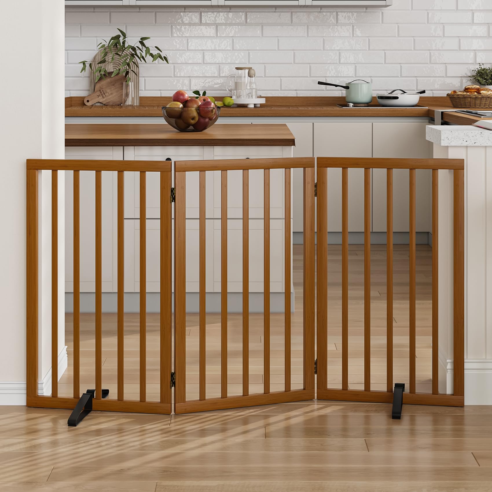 mino kesper dog gate 32" tall foldable dog gate for doorways freestanding pet gate for dogs indoor (walnut, 3 panel)