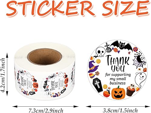 Miniatura 2 de Whaline 600 calcomanías de Halloween, rollo de agradecimiento por negocios, diseño de calavera, fantasma, calabaza, calcomanías redondas para sobres