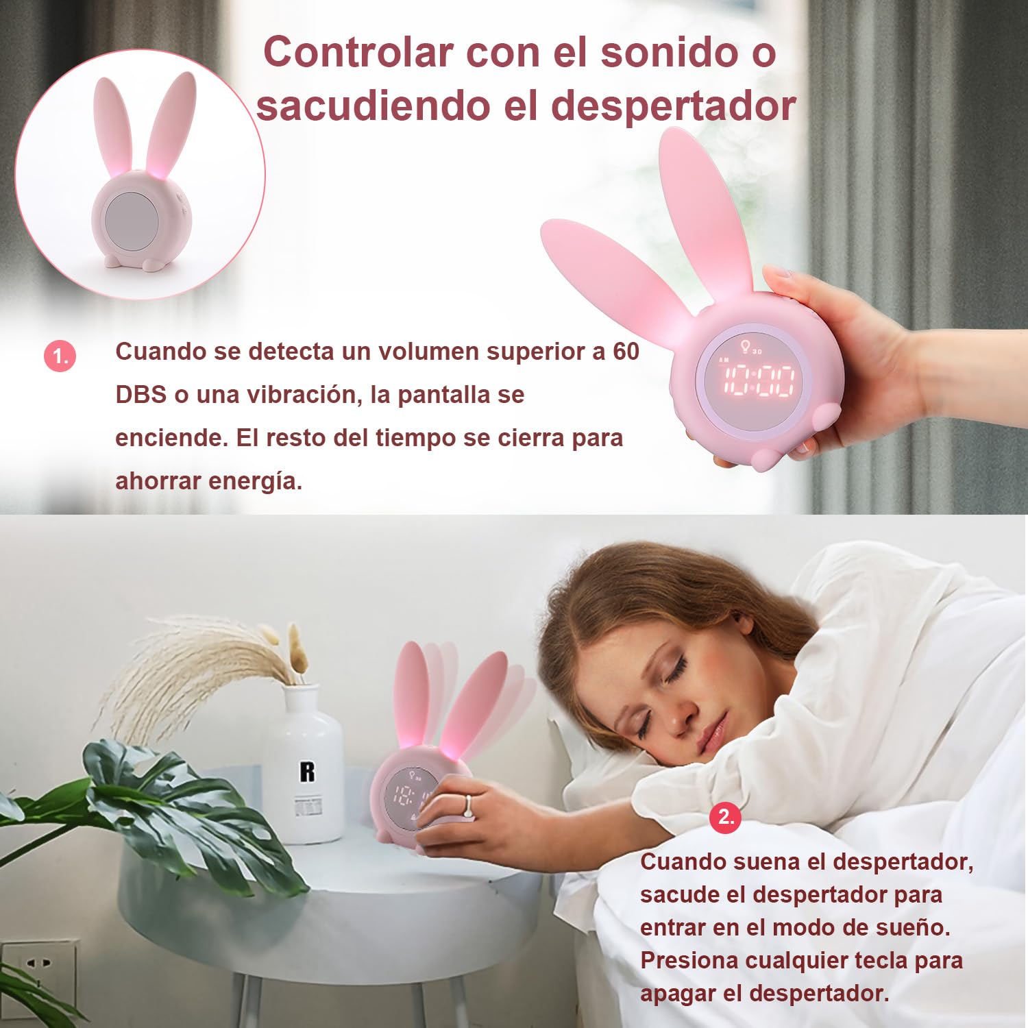 Reloj Despertador conejo Rabbit Clock, Conejito Lindo Dormitorio de Noche con lámpara de luz Nocturna + 6 música Interesante + Función de Cuenta Regresiva, Despertador infantil niña Estudiantes Rosa